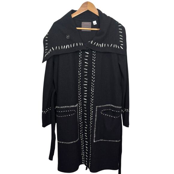 Anthropologie Guinevere Size Medium Black and White 100% Merino Wool Belted Coat - Picture 1 of 8